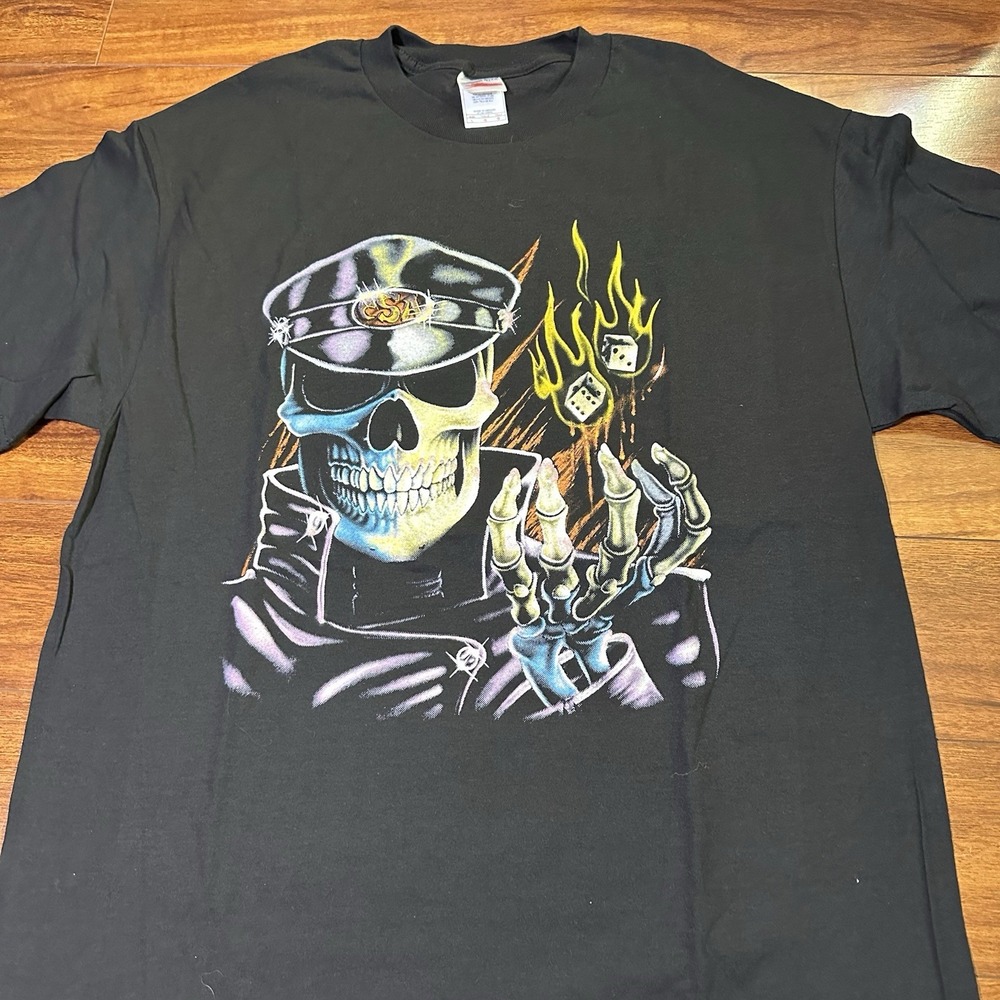 90's Deadstock Skull Biker Dice Flames T-Shirt motorcycle - Picture 3 of 5